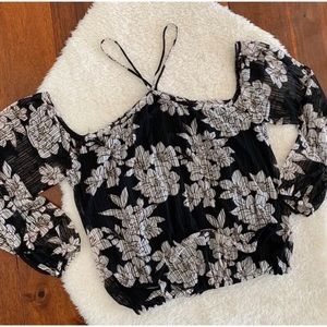 Aqua Blouse Womens XS Off The Shoulder Top Black Sheer Floral Elastic Hem